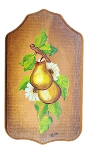 Vintage Hand Painted Pear Wood Plaque Fruit Painting Wood Kitsch Farmhouse Folk - Picture 1 of 7
