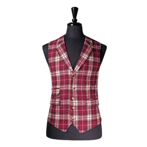 Mens 42R Wool Vest Burgundy Cream Plaid Waistcoat Classic Formal Wedding Party - Picture 1 of 10