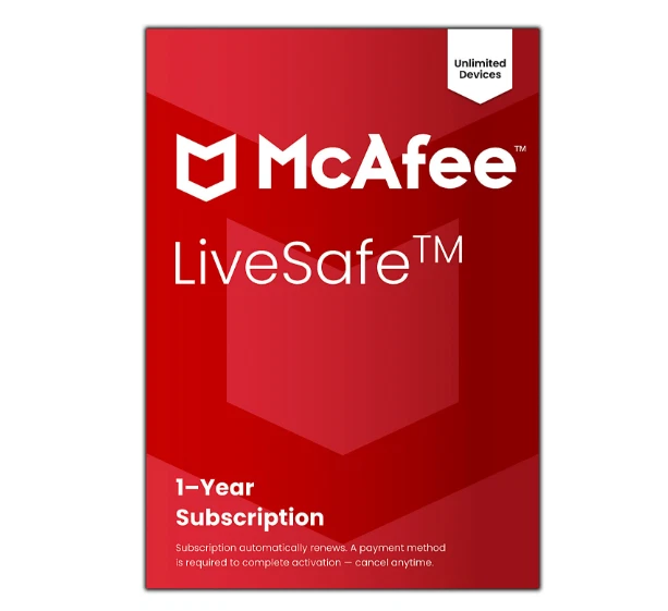 Software antivirus y seguridad en Internet McAfee® LiveSafe, dispositivos ilimitados, 1 año Foto 1 de 1