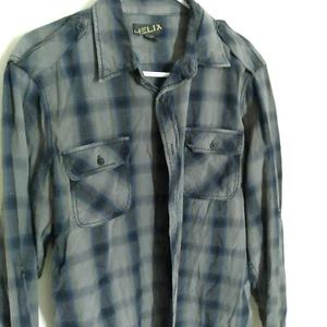 Helix Mens Gray Blue Med. long Sleeve Front Button Up Collared Shirt Plaid - Picture 1 of 9