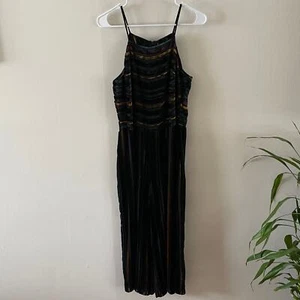 Forest Lily Velvet Burnout Jumpsuit Womens 6 Black Green Retro 70s Disco Classic - Picture 1 of 9