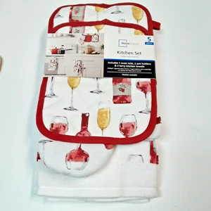 Kitchen Linen 5 Piece Set Dish Towels, Pot Holders, Oven Mitt, Wine Bottle Theme - Picture 1 of 1