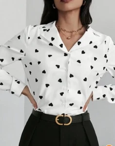 Women 14 XL Valentines top work blouse Shirt Black hearts love Minimalist Clean - Picture 1 of 6