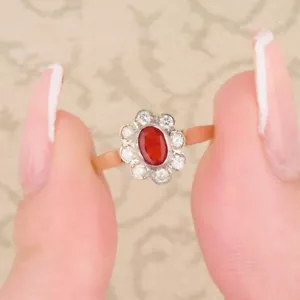 Edwardian Style Fire Opal and Diamond Cluster Ring 9ct Gold - Picture 1 of 7