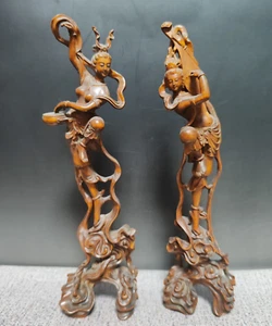 20cm Pair natural boxwood wood carved flying Apsaras beauty belle statue goddess - Picture 1 of 9