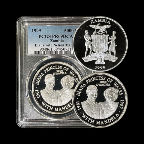 ZAMBIA. 1999, 5000 Kwacha, Silver - PCGS PR69 - Top Pop 🥇 Princess Di, Mandela Cover