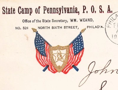 Patriotic Order Sons of America State Camp Philadelphia Flag S 1904 PA Cover 6x - Image 1 of 3