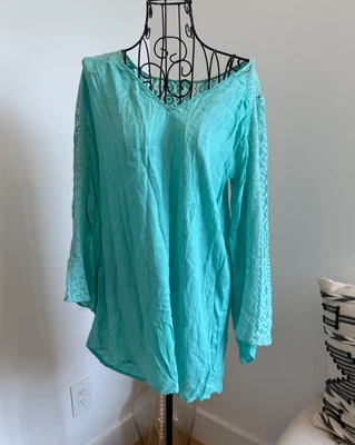 O'NEILL Green Lace Bell Sleeve Tunic Pullover Cover Up Top Small Beach/Swim - Image 1 of 4