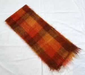 Vintage Mohair Wool Scarf Orange Plaid 46” Fringe 60s 70s Shaggy - Picture 1 of 4