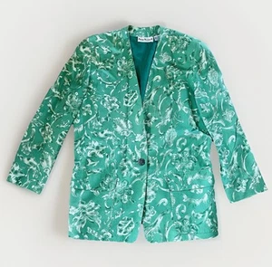 VTG 100% SILK Anne Klein II Oversize Long Blazer Jacket Green 80s 90s Retro L - Picture 1 of 7