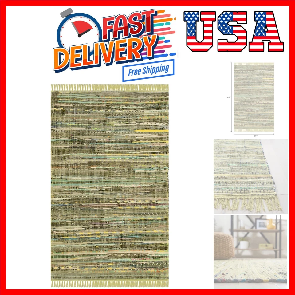 Alfombra de Trapo Colección Alfombra de Acento - 2'6" x 4', Verde Claro y Multi, Hecha a Mano Boho... Foto 1 de 4