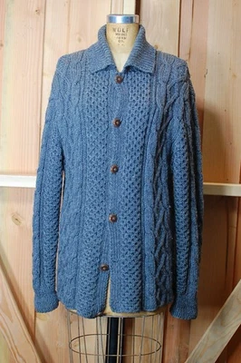 VTG 50s 60s Charcoal Hand Knit Cable Knit Irish Fisherman Cardigan Sweater XL - Image 1 of 4