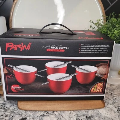 Juego de 4 cuencos de arroz Parini de cerámica roja con 8 palillos de acero inoxidable nuevo en caja Foto 1 de 4