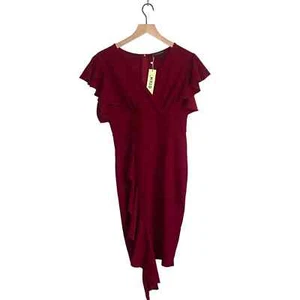 Oten Women’s Deep V Ruffle Sleeve Sheeth Cocktail Party Slit Pencil Wine Dress - Picture 1 of 6