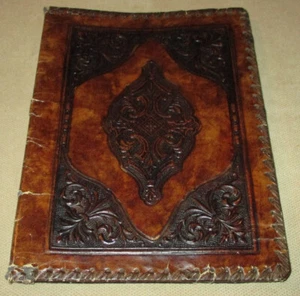 Vntage Stamped Embossed Italian Leather Book Jacket Cover - Needs TLC - Picture 1 of 7