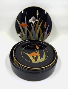 Otagiri Laquerware Montañas Iris Floral Set de 6 Negro Naranja MCM Hecho en Japón - Imagen 1 de 12