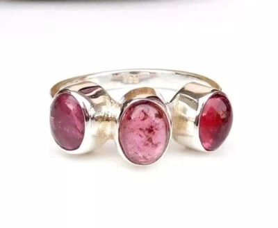 Natural Pink-Tourmaline Gemstone 925 Sterling Silver Three Stone Ring, Best Gift - Image 1 of 4