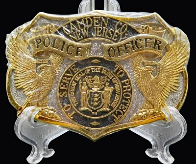 Camden County New Jersey Oficial de Policía Placa Dorada Plata Hebilla de Cinturón De Colección Foto 1 de 4