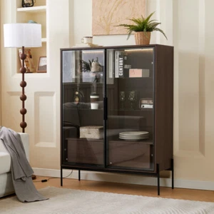 51.2'' Tall Lighted Display Cabinet with Tempered Glass Door, Metal Legs Walnut - Picture 1 of 20