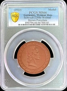 1922 GERMANY WEIMAR REPUBLIC BROWN PORCELAIN NOTGELD MEDAL PCGS MINT STATE 66 - Picture 1 of 3