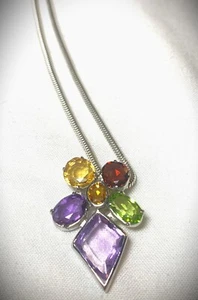 Sterling 925 16" Multi Colored Stone Pendant Necklace - Picture 1 of 9