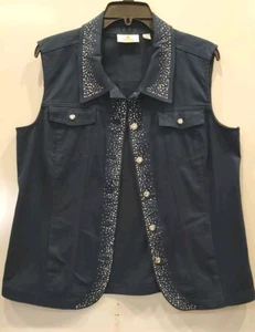 Quacker Factory Denim Vest Womens M Navy Blue Studded Rhinestone Button - Picture 1 of 11