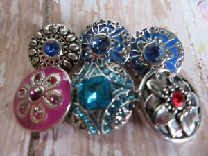 6 PC Snap Lot Blues Pink+ Red  CZ Rhinestone 18-20mm Ginger Snap Style Charms