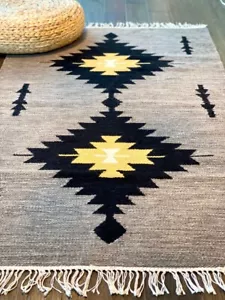 Gray Kilim Boho Wool Area Rug tribal geometric Vintage Rug Southwest Living Room - Picture 1 of 4