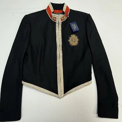 Polo Ralph Lauren военный блейзер женщин 8 укороченный шерсти черный герб новый с Ярлыками $398 - Изображение 1 из 4