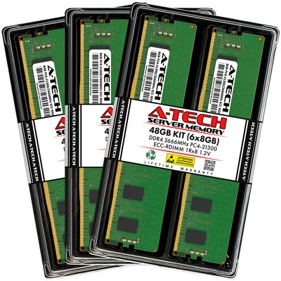 A-Tech 48GB 6x 8GB 1Rx8 PC4-21300R DDR4 2666 MHz ECC REG RDIMM Server Memory RAM - Image 1 of 4