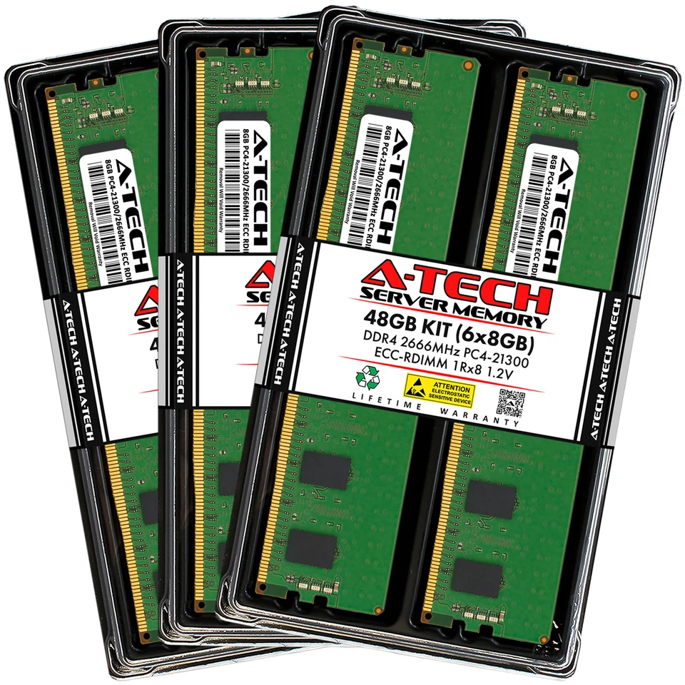 A-Tech 48GB 6x 8GB 1Rx8 PC4-21300R DDR4 2666 MHz ECC REG RDIMM Server Memory RAM - Image 1 of 4