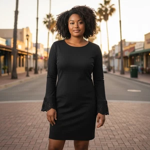 Beach Lunch Lounge Little Black Dress Womens Large Shift Bell Sleeve Witchy - Picture 1 of 4