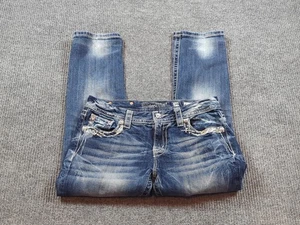 Miss Me Jeans Womens 29 Waist 32 Blue Mid Rise Easy Crop Rhinestone Western - Picture 1 of 13