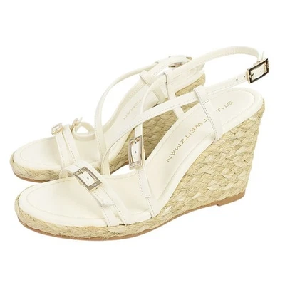 STUART WEITZMAN Cream GEORGIE Espadrille Wedge Strappy Leather Sandal 6.5 NEW - Image 1 of 4