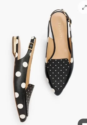 Talbots Amapola Blanco y Negro Lunares Eslinga Trasera Cuero Planos Talla 8 Nuevo Foto 1 de 4