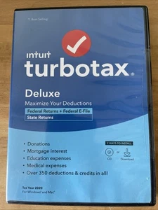 Disque physique ou téléchargement TurboTax Deluxe Fed & State 2020 NEUF 2020 année fiscale - Photo 1/4