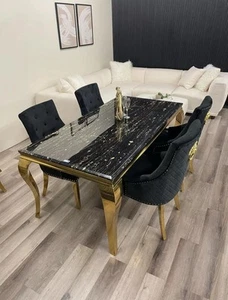 Luxury Gold 1.8m Dining Table Black & Gold Marble Top and 4 Chairs Bentley - Picture 1 of 4