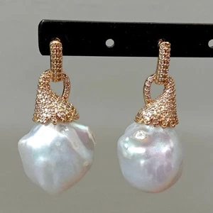 White Keshi Pearl Freshwater Gold Plated Cz Pave Stud Earrings - Picture 1 of 7