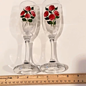 8” Hand Painted Wine Glasses – Roses – Romantic Set of 2 - Bild 1 von 5