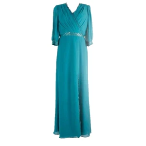 Modern Maids NEW $348 Sz 12 Teal Sequin Lace Long Sheer Lined Polyester Dress - Picture 1 of 9