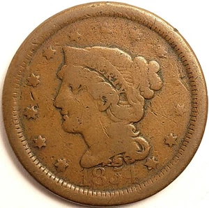1854 BRAIDED HAIR LARGE CENT ROTATED REVERSE DIE 90° VG #MC_492 - Picture 1 of 4