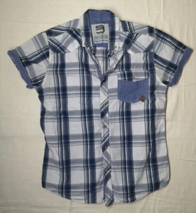 Mens White and Blue Check Short Sleeve Button Up Shirt Size Medium - Picture 1 of 2