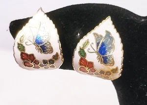 Vintage goldfarbene weiße Cloisonne Blatt Multi Color Halb Creolen Clip auf Ohrringe - Bild 1 von 5