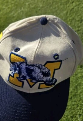 VINTAGE Michigan Wolverines Hat Cap Fitted Mens 7 1/4 AOP Yellow White Football  - Image 1 of 4