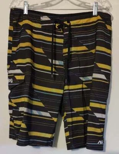 Men's Sz 34 Analog Board Shorts Black & Yellow Striped Print Swimming Trunks - Picture 1 of 4