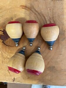 Vintage Red and green Wood Spinning Top w/ metal tip No string. LOT OF 5