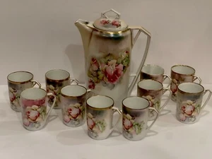 Mid Century Porcelain Bavarian Server & Cups (10) Rose Cabbage Gold Gilt - Picture 1 of 22
