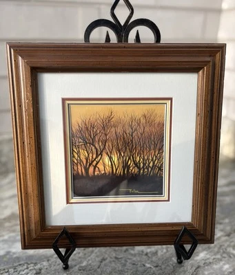 Lu Fuller Original Acuarela Artista Firmado Noviembre Puesta de Sol #9953 Enmarcado Mate Foto 1 de 3