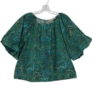 Peruvian Connection Womens Large Al Fresco Puffy Sleeve Top Poplin Paisley Green - Picture 1 of 4
