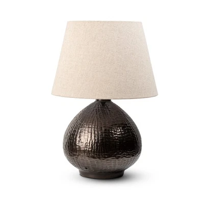 Lamp Large Antique Bronze Living Room Bedroom Bedside Round Metal Fabric Shade - Image 1 of 4